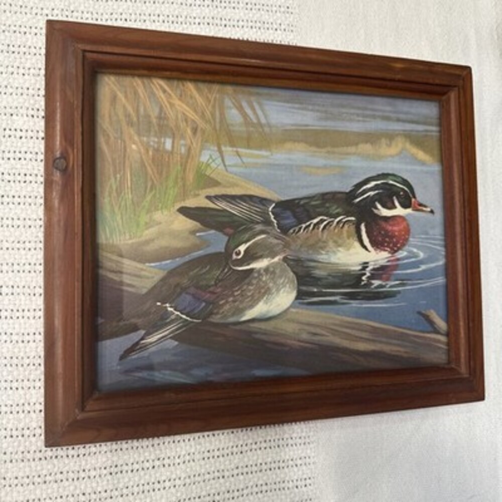 Vintage Wood Framed Mated Wood Ducks Picture 12 X 10